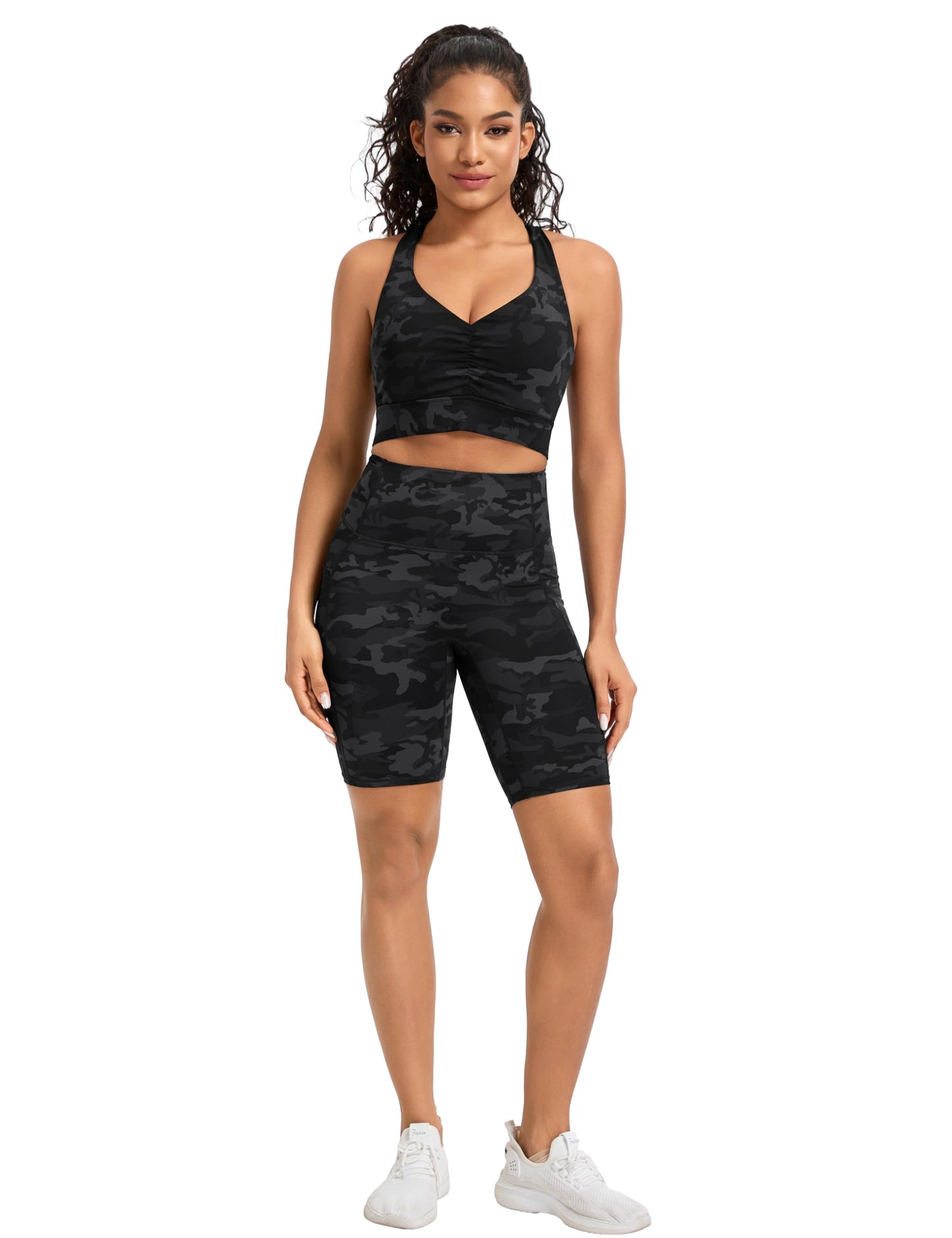 THE GYM PEOPLE Women's Cross Back Ruched Sports Bra V Neck Wide Straps Removable Pads Workout Yoga Crop Top