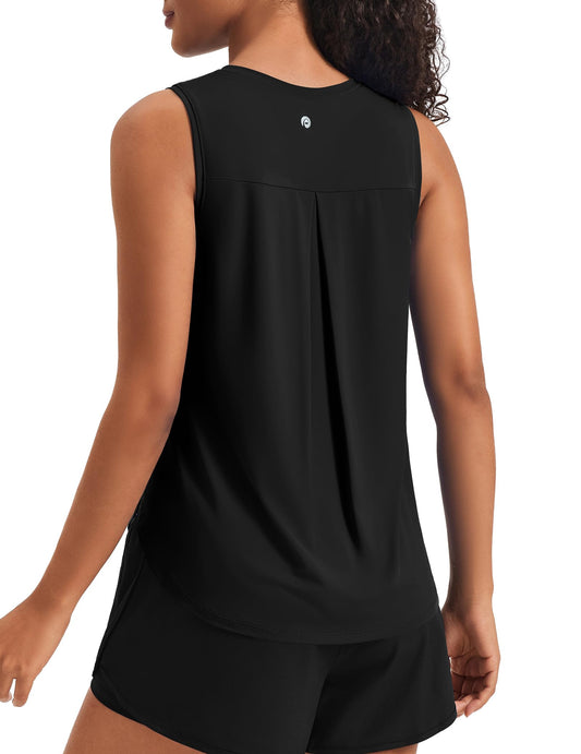 PINSPARK Women Workout Tank Tops with Back Pleat Soft Ice Silk Sleeveless Yoga Muscle Fitness Shirts Stretch Athletic Running Gym Activewear, Black L