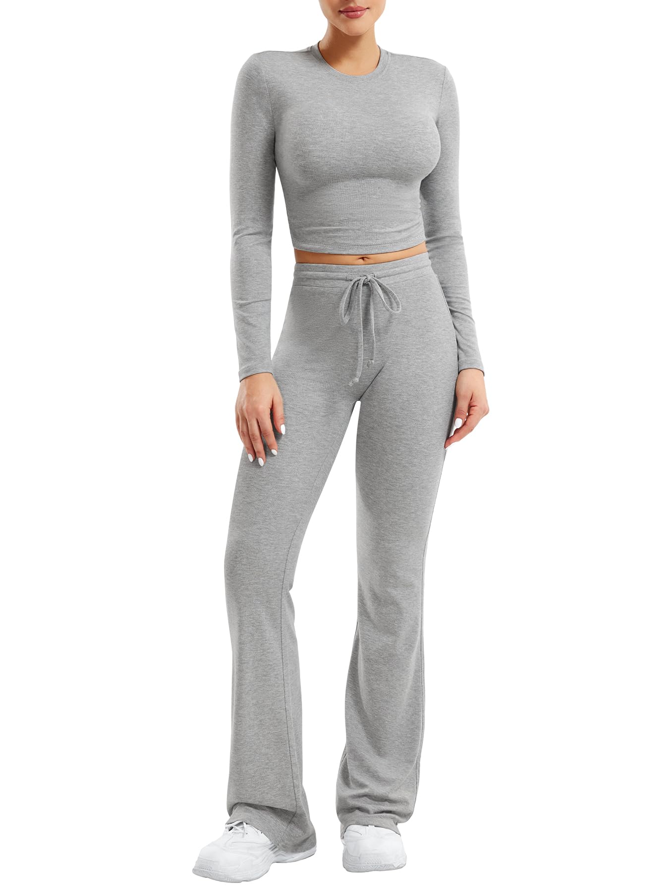 YEOREO Two Piece Sets for Women Long Sleeve Tops Lounge Set Drawstring Wide Leg Pants Ava Matching Slate Gray M