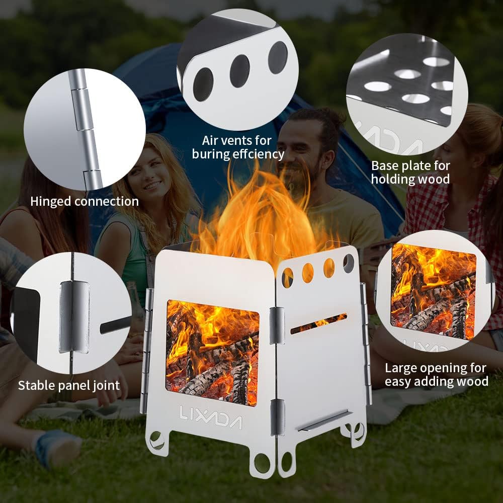 Portable Stainless Steel Wood Burning Camping Stove - Lightweight Folding Backpacking Grill for Hiking, BBQ, and Outdoor Adventures
