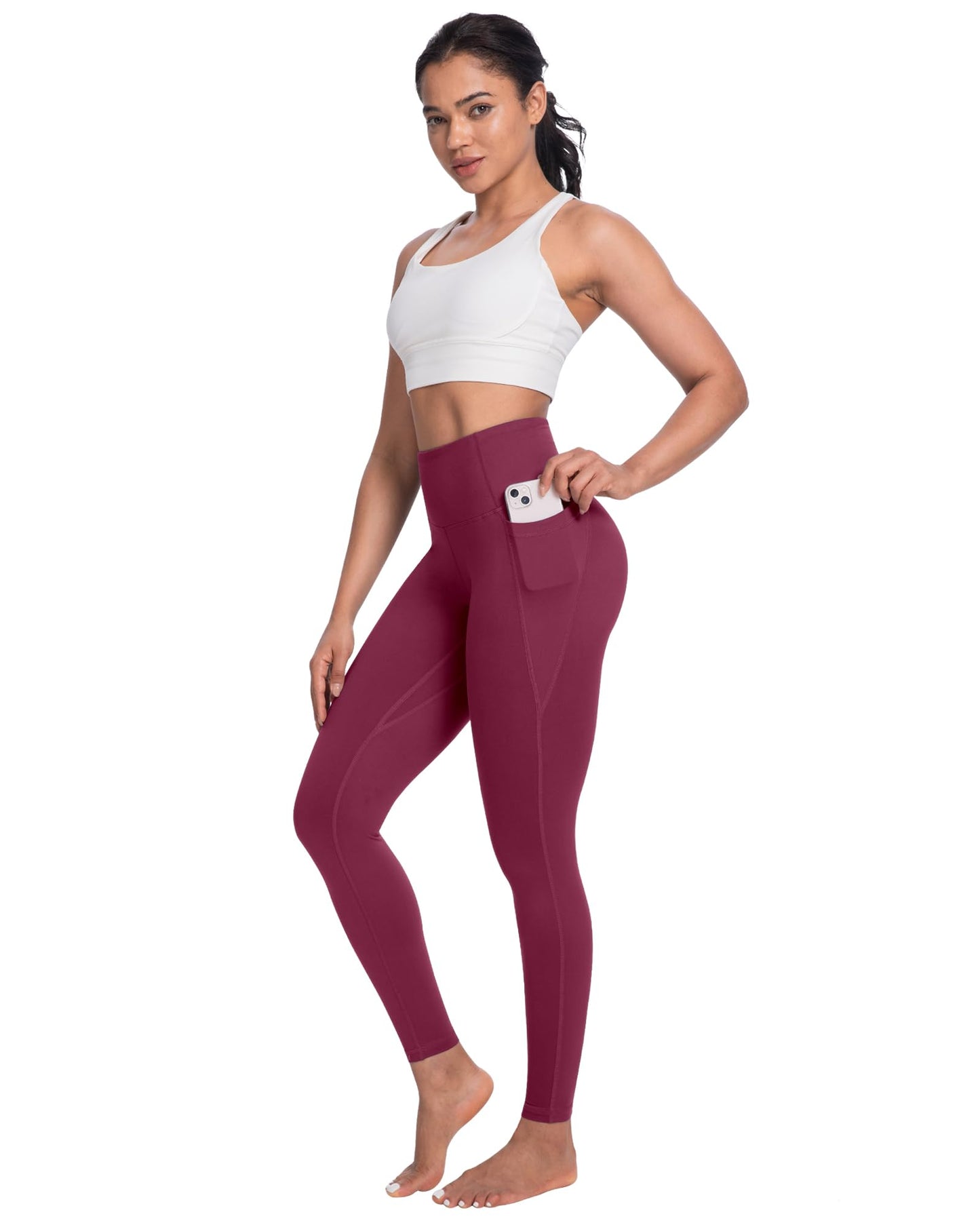 NORMOV 4 Packs Yoga Leggings with Pockets for Women, Soft High Waisted Tummy Control Workout Pants(Black/Dark Gray/Burgundy/Navy,XL)