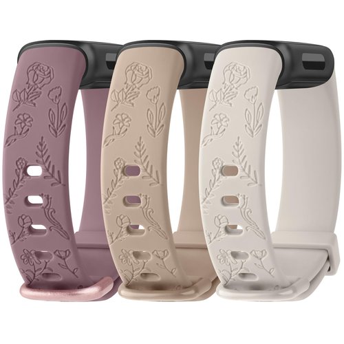 Meliya Compatible with Fitbit Inspire 3 Bands for Women Men, Floral Engraved Silicone Straps Replacement Wristband for Fitbit Inspire 3 Fitness Tracker (Smoke Violet+Milk Tea+Starlight)