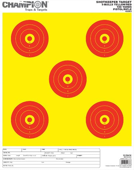 5-Bull Paper Target, Yellow/Orange, 8.5x11, 12/pk