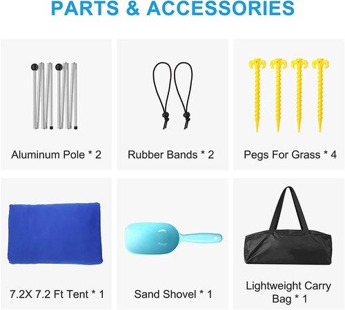 YUEWO Beach Canopy Sun Shade with UPF 50+ UV Protection, Beach Tent Sun Shelter with Sandbags, Poles and Ground Pegs, Anti-Wind Ropes, Outdoor Pop Up Tent for Camping, Backyard and Picnics