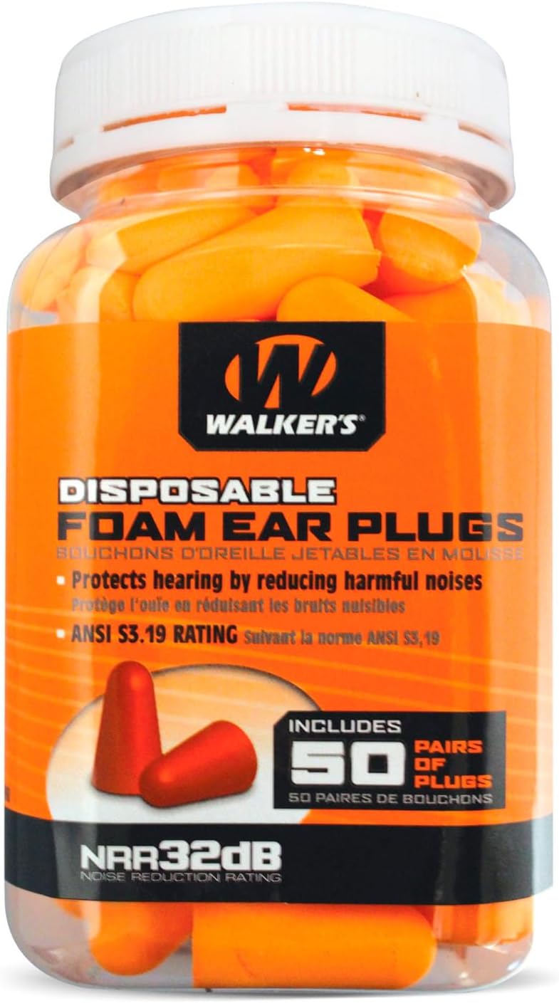 Walker's 32dB Noise-Canceling ANSI S3.19 Hearing Safety Protection Range Shooting Hunting Work Soft Comfortable Adaptable Foam Earplugs, Security Sealed Jar, 50 Pairs, Orange