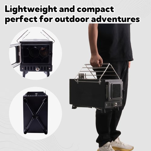 Huskfirm Wood Burning Stove,Tent Stove for Heating,Folding Portable Wood Stove for Tent,Cooking,Courtyard,Camping Stove include Chimney Pipes and Spark Arrestor, Black-LOGO