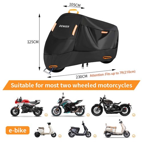 DEWIER Motorcycle Cover Waterproof Outdoor, 420D Heavy Duty, XL90.5in, All Season Protection, Windproof Clasps, Storage Bag, Night Reflective Design, Fits Motorcycles, 1-2 Bikes Ebikes