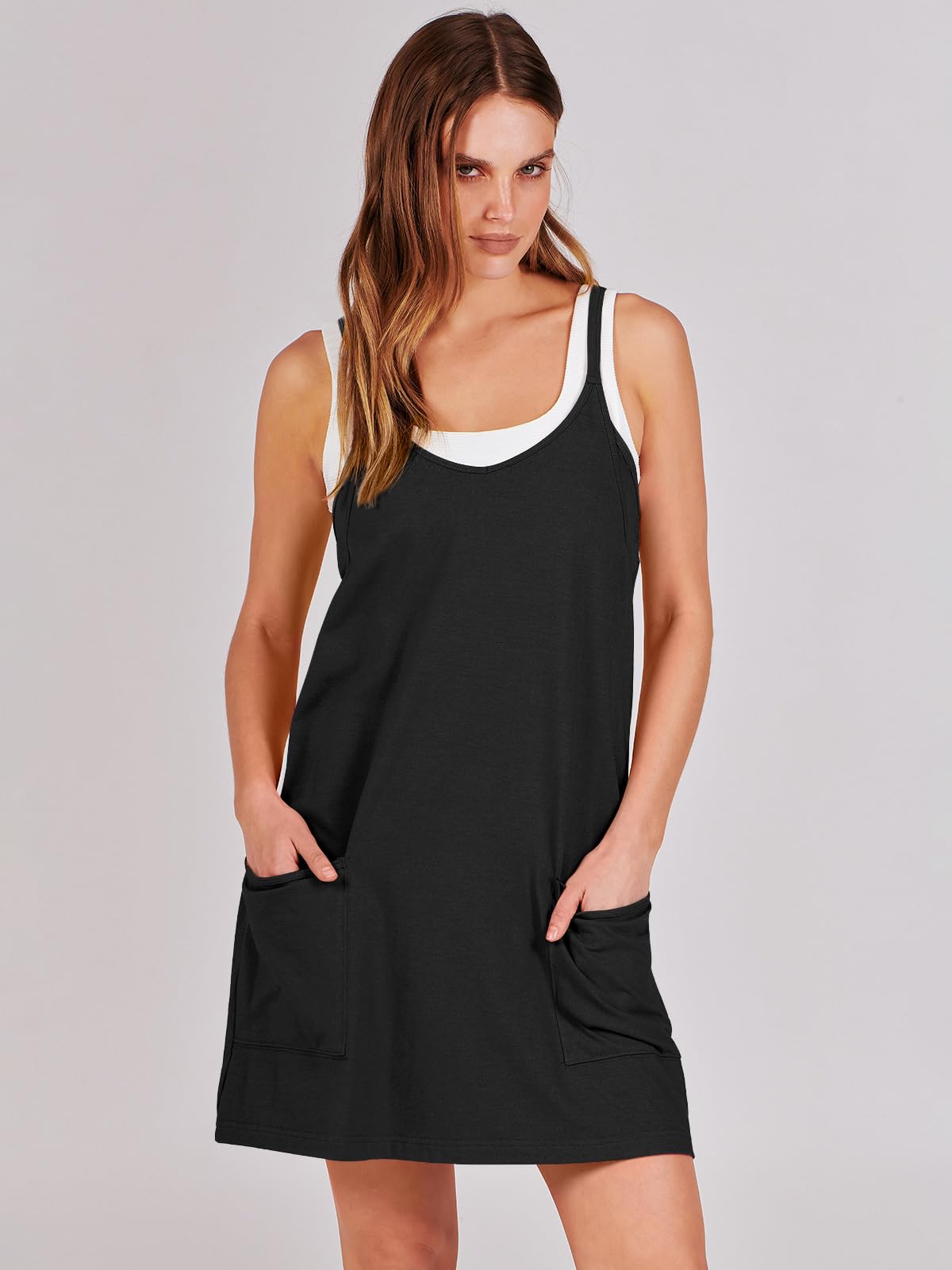 ANRABESS Women Athletic Dress Summer Tennis Workout Active Sports Mini Romper Dress Built in Shorts Travel Vacation Clothes Black XX-Large