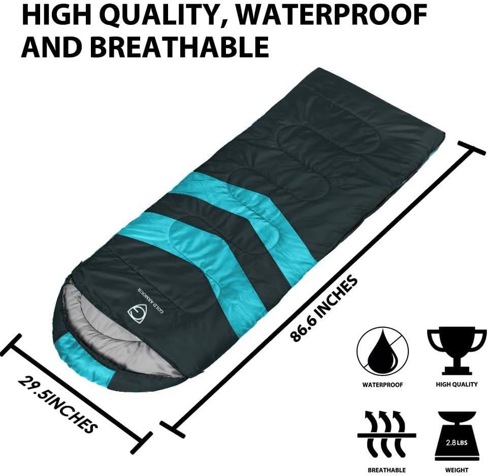Gold Armour Sleeping Bags for Adults Cold Weather & Warm - Backpacking Camping Sleeping Bag for Kids 10-12, Girls, Boys - Lightweight Compact Camping Essentials Gear Accessories, Left Zipper