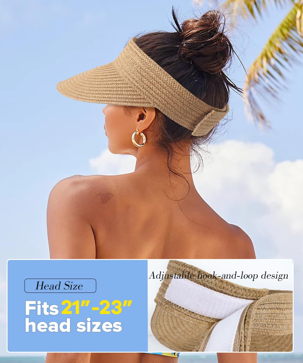 EW EastWater Beach Sun Visor Hats for Women, Wide Brim UPF50+ Sun Protection Straw Hat Packable Foldable for Summer Khaki