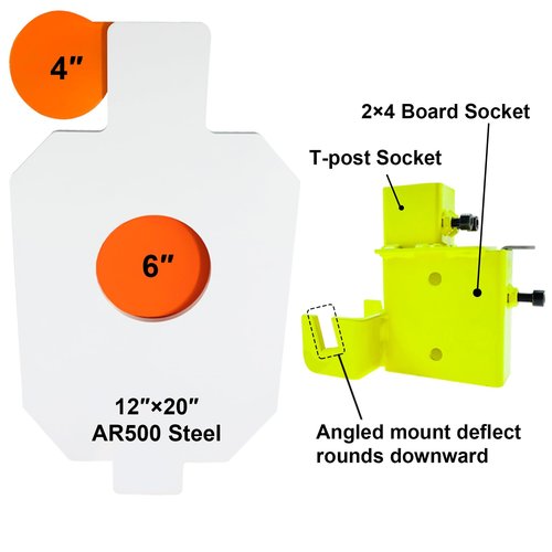 Highwild AR500 Steel Hostage Target 12" x 20" x 1/2" Armored Steel Bullseye Reactive IDPA Shooting Target with 2X4 T-Post Bracket