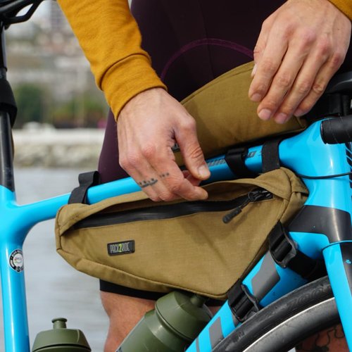 PACK2RIDE Mira Bike Frame Bag - Water Resistant & Durable Fabric Bicycle Bag for Road, Secure Attachment Bikepacking Pouch, Biking Storage & Bike Organizer for Cycling Adventures - Coyote