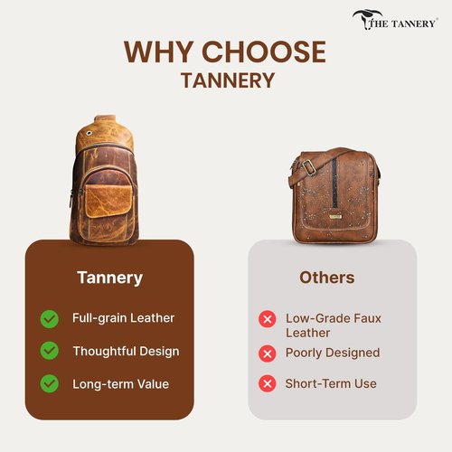 The Tannery Handmade Buffalo Leather Multipurpose Travel Hiking Crossbody Chest Backpack with Adjustable Shoulder Strap (Brown, Large)