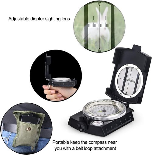 COSTIN Multifunctional Compass, Metal Military Waterproof High Accuracy Compass with Map Measurer, Distance Calculator,Bubble Level Perfect for Outdoor Activities, Matte Black