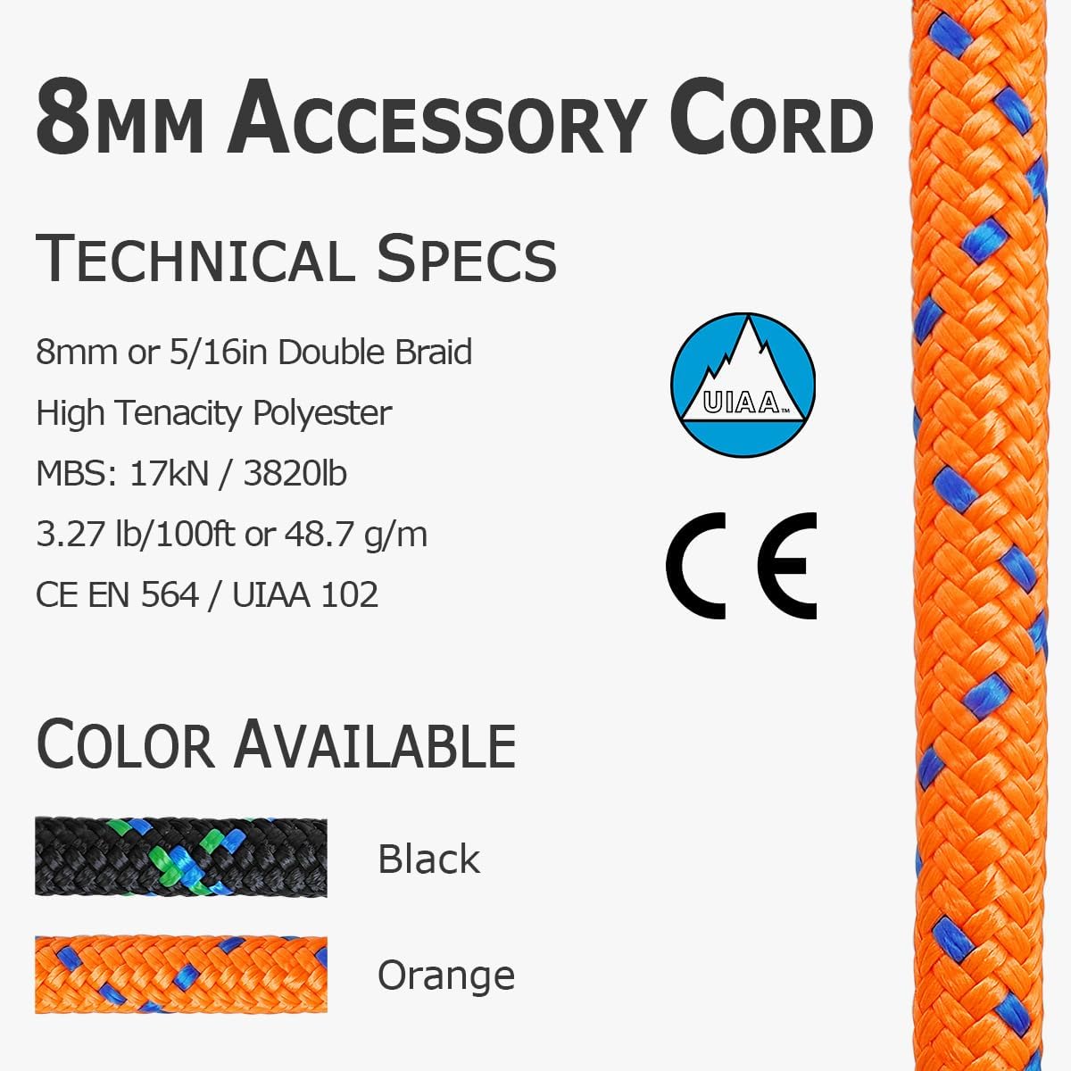 GM CLIMBING 8mm (5/16in) Accessory Cord Rope Double Braid Pre Cut CE/UIAA