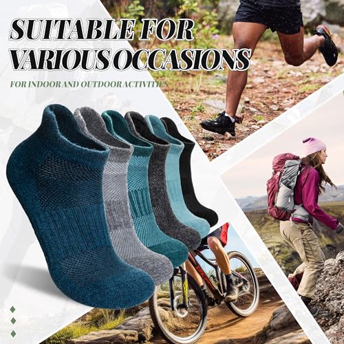 Merino Wool Ankle Hiking Socks for Men & Women - Thick Cushioned, Breathable, No Show Socks 6 Pairs - Blue & Green, Large