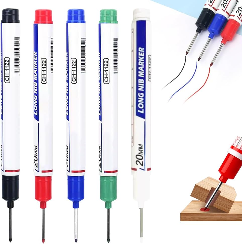 5Pack Long Head Deep Hole Marker Pens, 20mm Deep Reach Metal Marking Pen, Waterproof Quick-Dry Long Nib Marker, Deep Reach Markers Marking Tool for Carpentry & Construction (Mix)