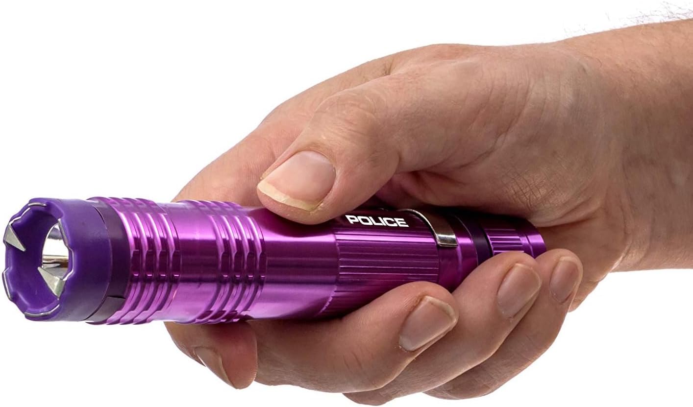 POLICE Stun Gun for Self Defense – M12 Aluminum High Voltage Mini Rechargeable with LED Flashlight, Compact & Heavy Duty – Personal Security for Women & Men – Purple