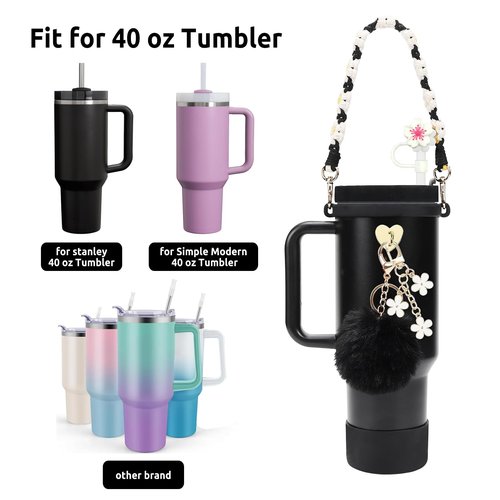 Stanley Accessories Set - 7 Pcs: Water Bottle Handle, Silicone Boot, Straw Cover, Charms for 40/30 oz Tumbler (Black)