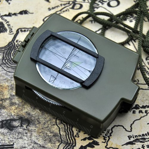 Military Lensatic Sighting Compass Waterproof and Shakeproof with Map Measurer Distance Calculator, Pouch for Camping, Hiking (Army Green)
