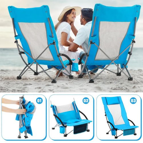 Spiareal 2 Pack Folding Beach Chair for Adults Portable Backpack High Back Chair 300lbs Heavy Duty Lightweight High Back with Headrest Cup Holder Carry Bag for Picnic Camping Fishing