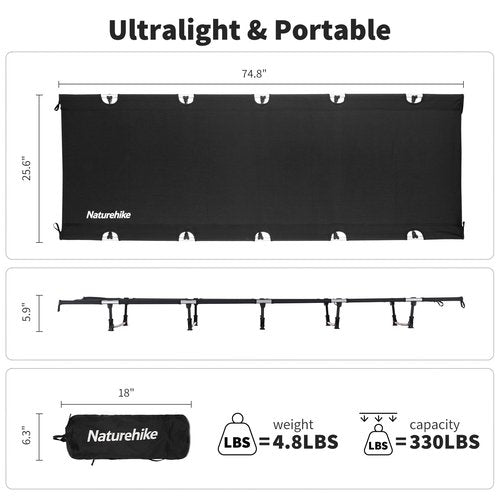 Naturehike Ultralight Camping Cot, Easy to Assemble Folding Tent Cot, Compact & Protable Camping Bed for Camping, Mountaineering, & Hiking, Supports 330lbs with Carry Bag, GreenWild Dark Black