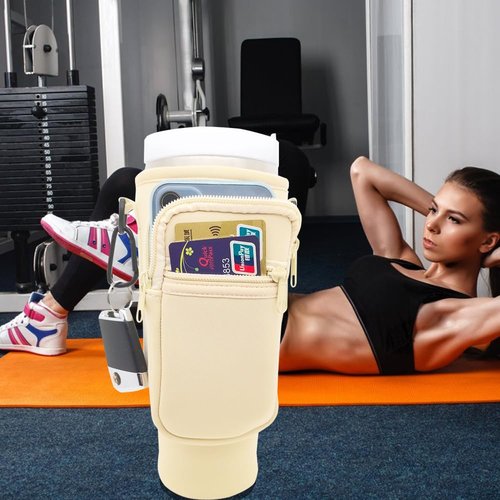 Water Bottle Carrier Bag with Phone Pocket Stanley Cream Water Bottle Holder Sleeve with Strap Carrier Tumbler Pouch for Stanley Cup 30 40oz (Cream)