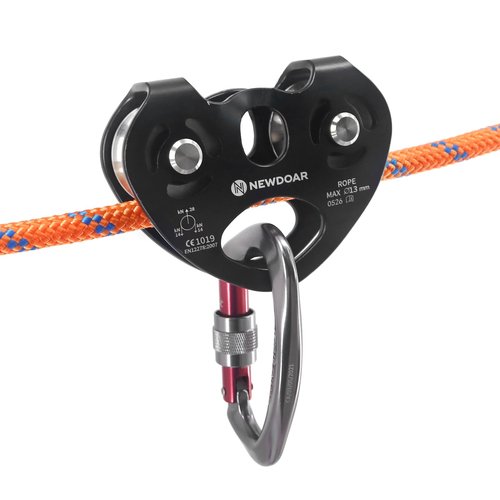 NewDoar Zip Line Pulley,28KN Double Tandem Speed Dual Trolley with Ball Bearing,CE Certified for Climbing, Rescue Lifting Aluminum Fixed Eye Pulley (Stainless Steel Wheel Black)