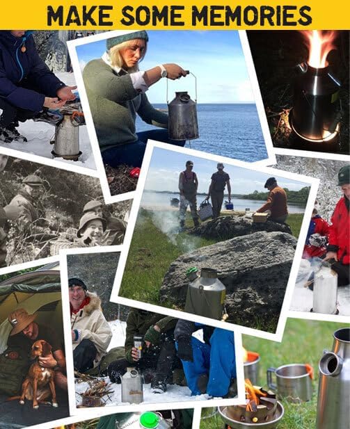 Kelly Kettle® Ultimate 'Scout' Kit VALUE DEAL | 41oz Steel Camp Kettle, Cook Set, Hobo Stove, Cups, Plates, Base Support | Use Sticks to Boil & Cook Fast | Camping, Fishing, Picnics, Emergencies