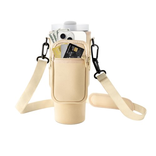Water Bottle Carrier Bag with Phone Pocket Stanley Cream Water Bottle Holder Sleeve with Strap Carrier Tumbler Pouch for Stanley Cup 30 40oz (Cream)