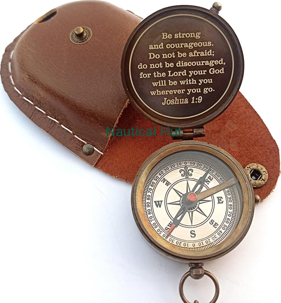 Be Strong and Courageous for The Lord Engraved Brass Antique Compass with Leather Case - Joshua 1:9 Brass Pocket Compass Camping & Hiking Compass for Birthday, Anniversary, Graduation, Baptism (XI)