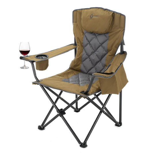 ARROWHEAD OUTDOOR Portable Deluxe Folding Camp Quad Chair w/Headrest, Glass & Cup Holders, Armest 6-can Cooler, Heavy Duty Carry Bag, 550 lbs Weight Capacity