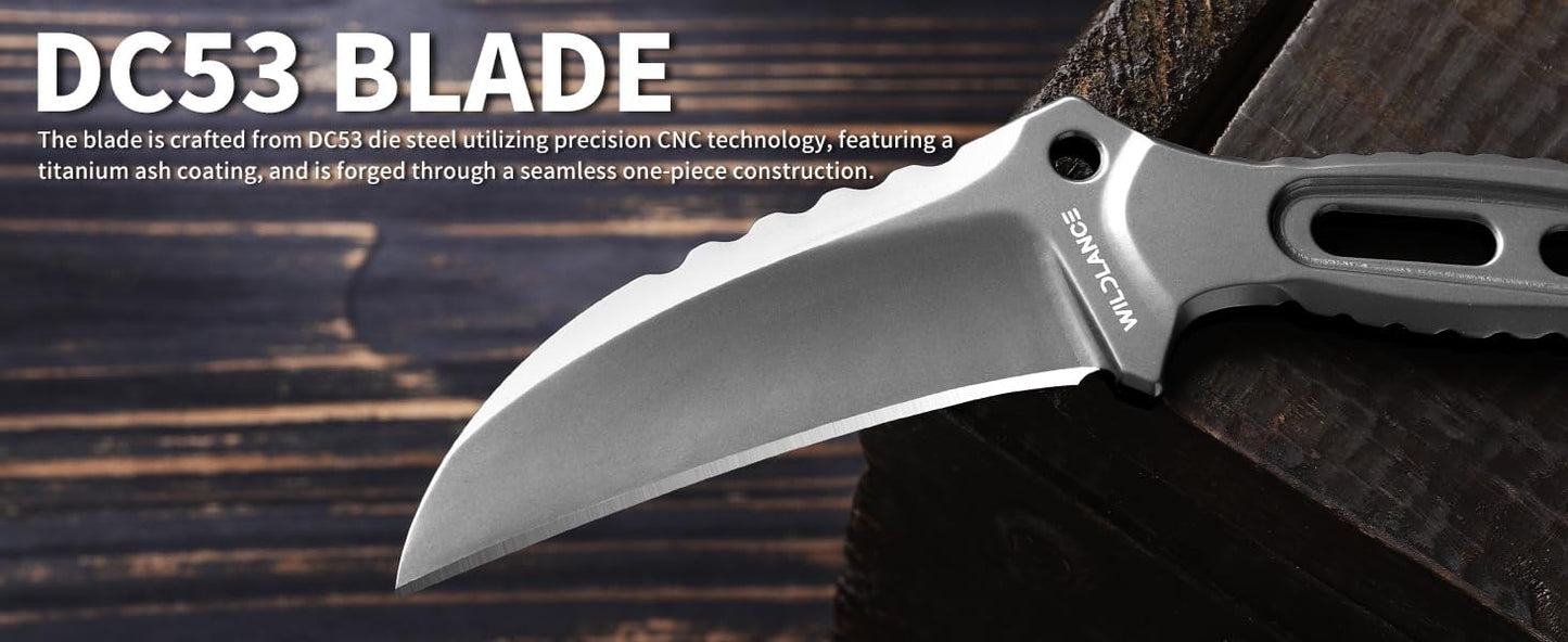 EDC Fixed Blade Knife with Sheath, Camping Knife Fixed Blade 3.3" DC53 Steel Outdoor Survival Blade Full Tang Hunting Knives for Men Women IB-01, Silver