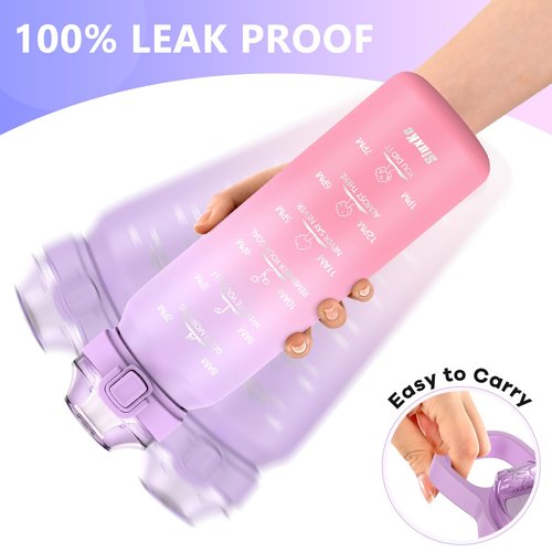 SLUXKE 316 Stainless Steel Insulated Water Bottle 32oz with Handle, 1L Double Wall Insulated Bottle with Time Marker BPA Free, 1000ml Metal Water Flask for Outdoor Working School PURPLE PINK