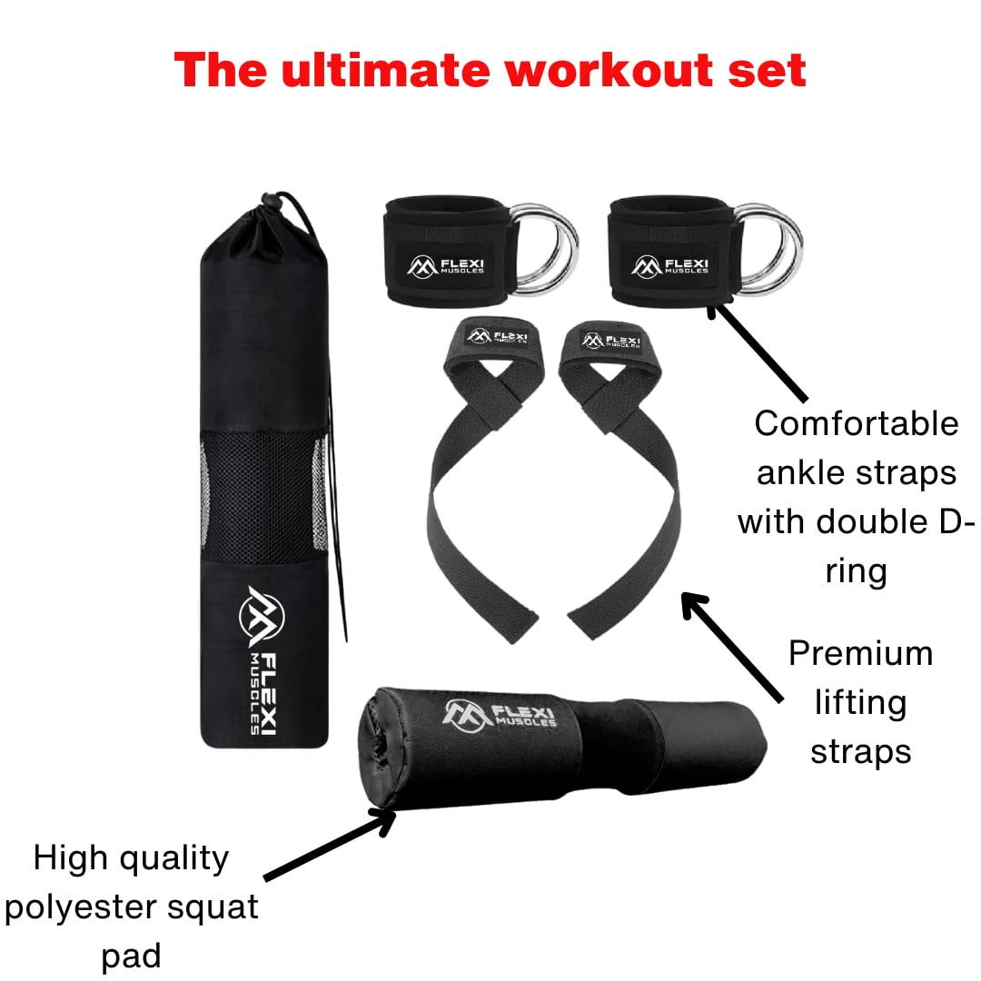 Flexi Muscles Barbell Pad, Ankle Straps, and Lifting Straps Set - Ultimate Comfort & Support for Weightlifting, Squats, Hip Thrusts, and Strength Training. (Black)