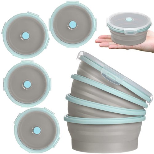Suclain 4 Pcs Camping Bowl with Lid Collapsible Silicone Lunch Box Salad Bowl Expandable Food Storage Container Folding Travel Container for Hiking Camping(Blue Rim Gray,12 oz)