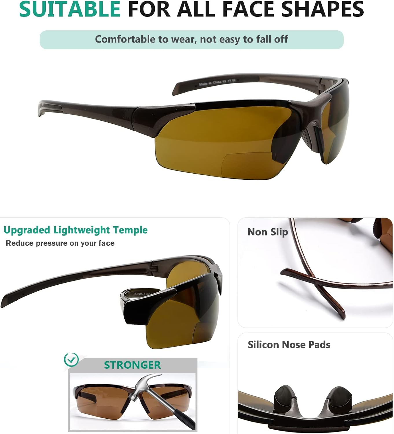 Eyekepper TR90 Unbreakable Sports Half-Rimless Bifocal Sunglasses Baseball Running Fishing Driving Golf Softball Hiking