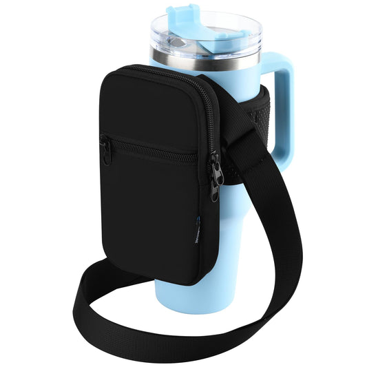 Gym Water Bottle Pouch for Stanley Tumbler with Handle, Universal Water Bottle Carrier Sling Sleeve with Strap & Pocket, Fits for A Variety of Stanley Tumbler, Gym Water Bottles for Owala, 40-128 oz