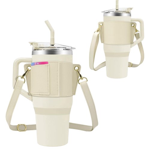 XHGWJSX Water Bottle Holder for Stanley Tumbler with Handle, Leather Carrier Strap for 40 oz 30 oz Stanley Cup Accessories, Water Bottle Carrier with Adjustable Strap, Card Holder, Keyring (White)