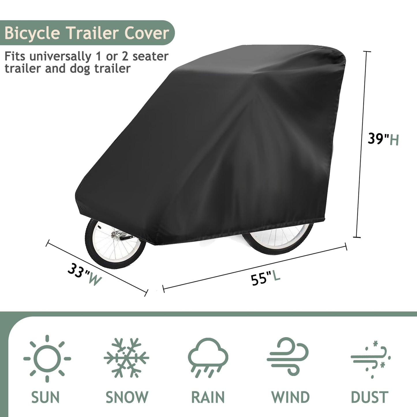 Amazing Fair Bicycle Trailer Cover - Waterproof Oxford Material with PU Coating, UV Resistant, Windproof and Dustproof, Suitable for 55x33x39 inches (140x84x100 cm) Trailers.