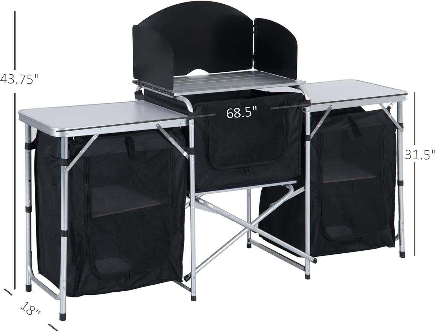 Outsunny Camping Kitchen Table, Aluminum Portable Outdoor Cooking Table, Fold-Up Cook Station with Windscreen and 3 Enclosed Cupboards for BBQ, Party, Picnics, Backyards