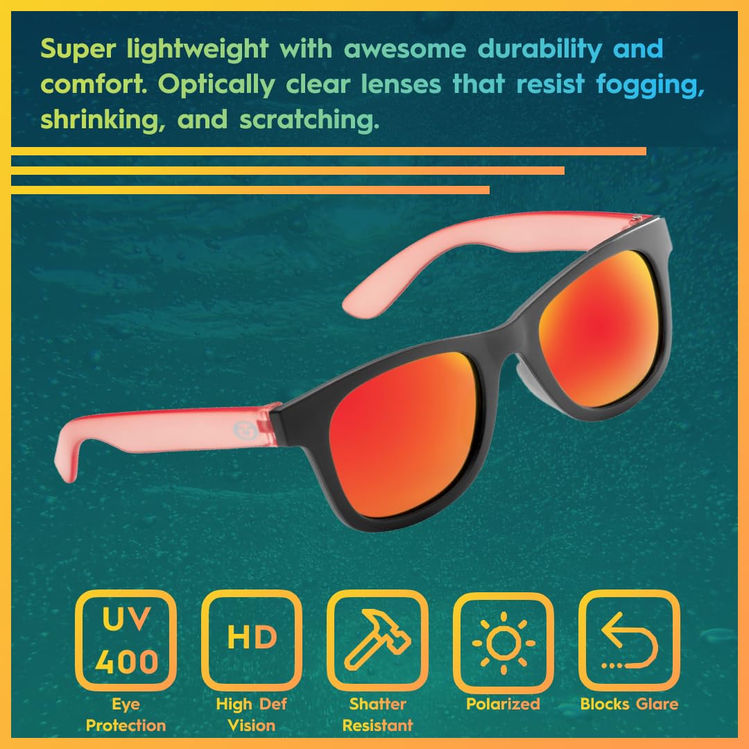 Flying Fisherman Spray Jr. Polarized Rectangular Sunglasses, Black-Red Frame/Red Mirror Lens, Small Kids