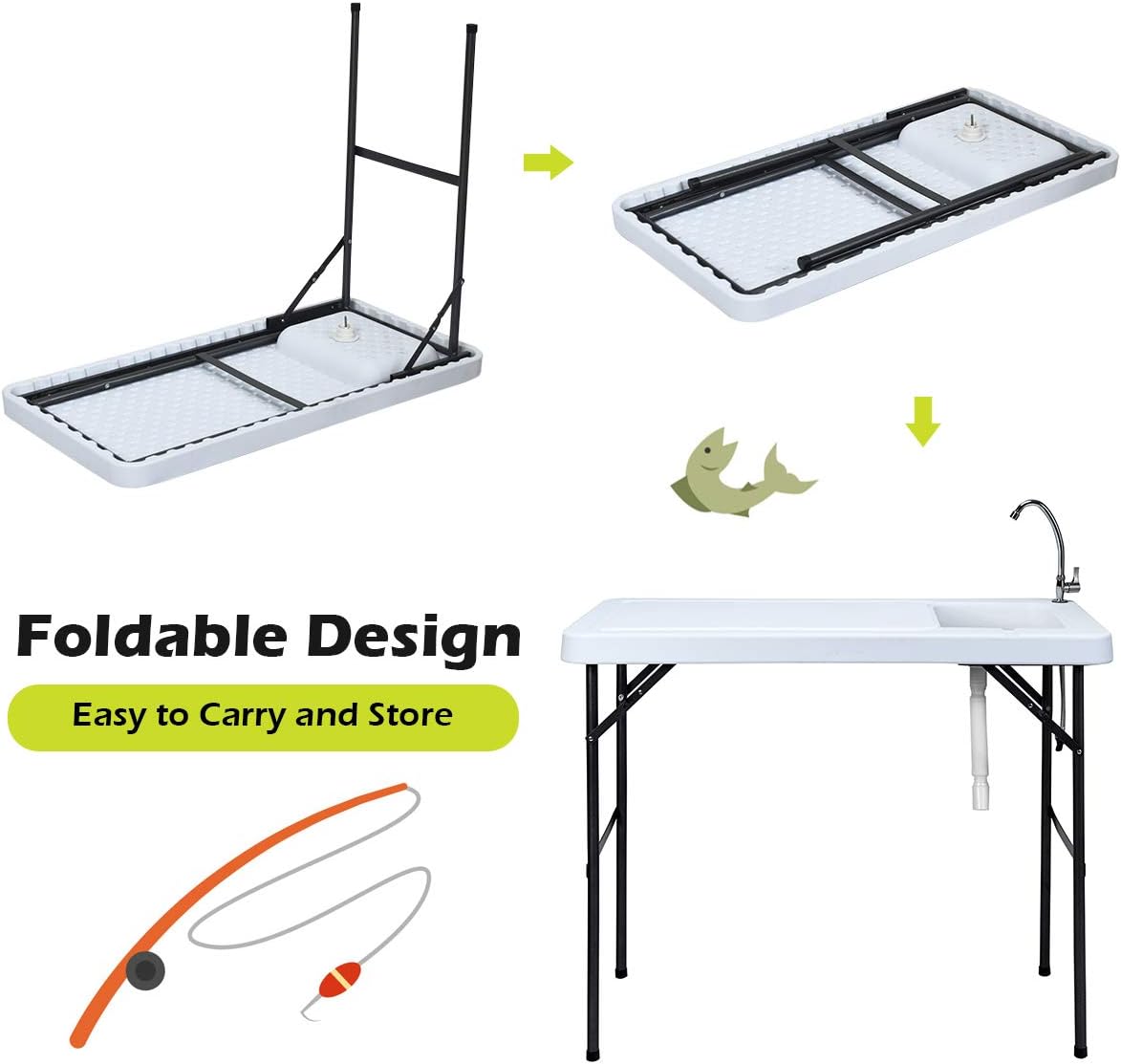 Giantex Fish Cleaning Table, Folding Table with Sink, Faucet and Drain Hose, Portable Outdoor Sink Station with Hose Hook Up, 45"x 23"x 37"