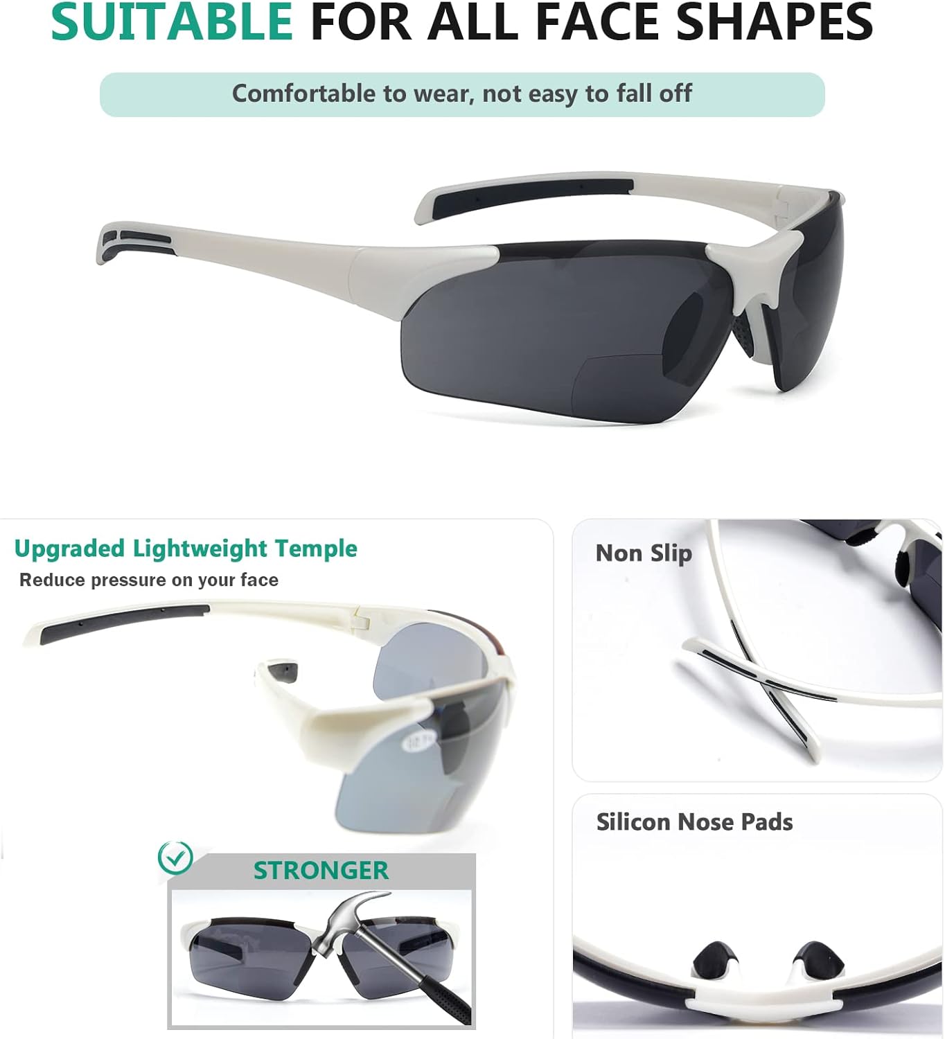 Eyekepper TR90 Unbreakable Sports Half-Rimless Bifocal Sunglasses Baseball Running Fishing Driving Golf Softball Hiking
