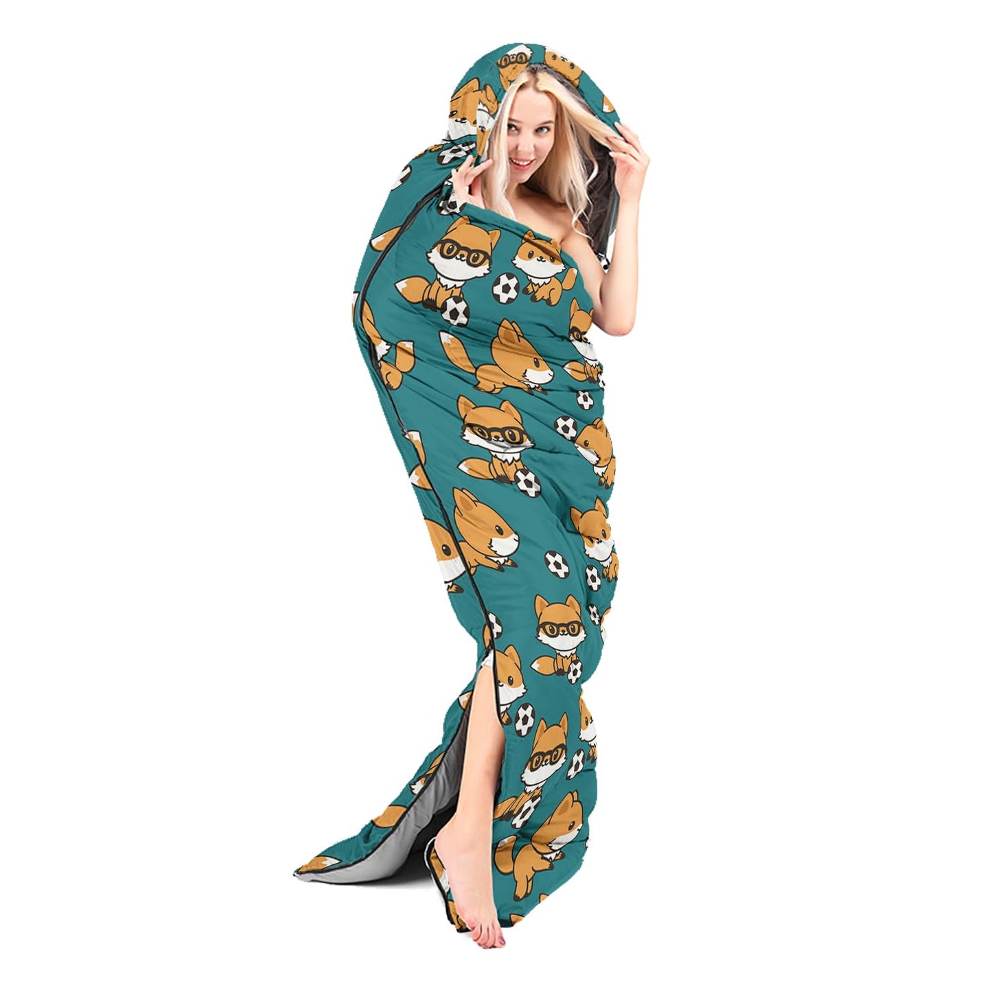 AILONEN Sleeping Bag Fox Print Blue Sleep Bag 3 Season Warm & Cold Weather Boys Girls Travel Camping Outdoor Lightweight & Waterproof Comfortable Sleeping Bag with Compact Carrying Bag