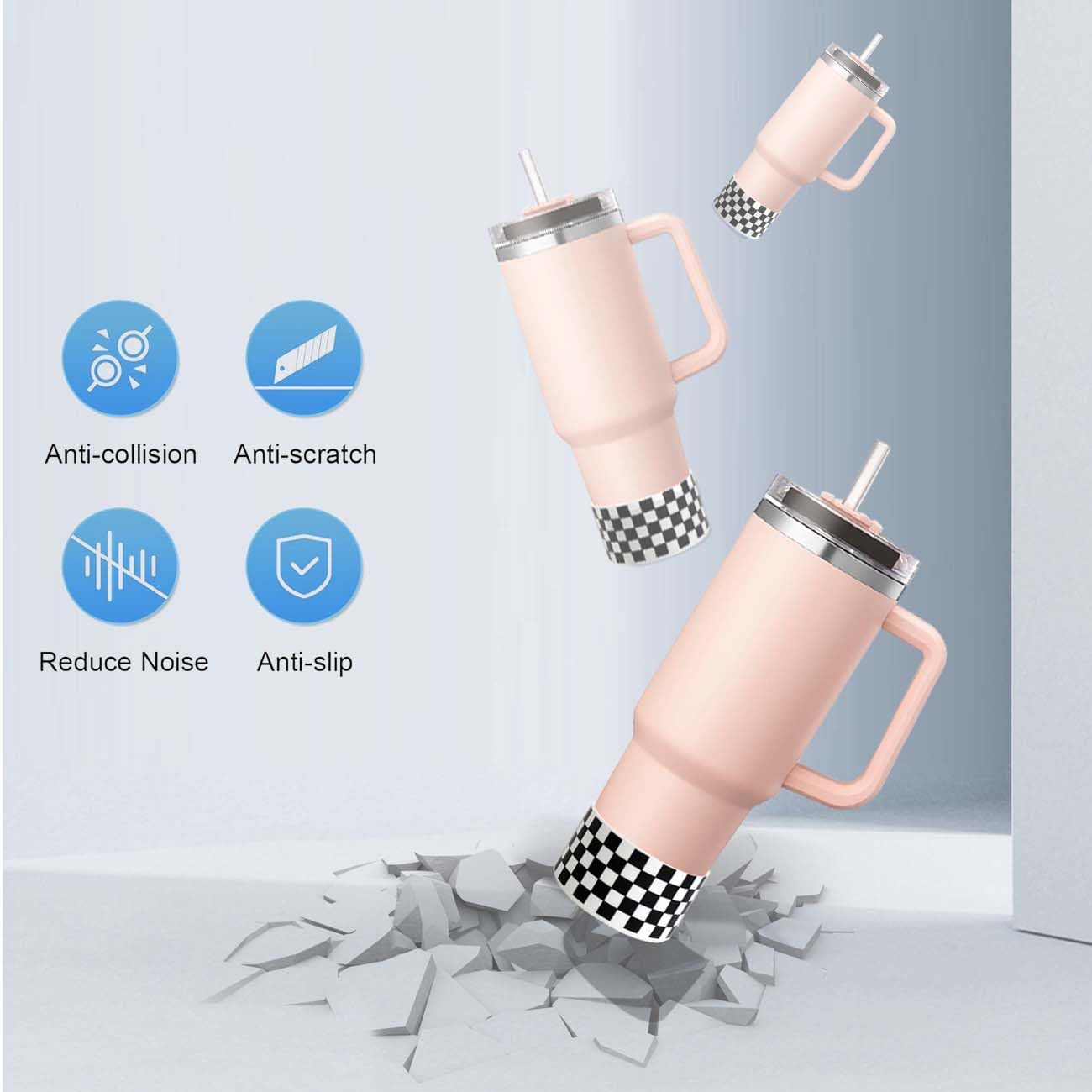 GENLEAS 2 PCS Checkered Pattern Protective Silicone Boot Cover for Stanley Cup 20oz-40oz, for Hydro Flask Water Bottle 12oz-24oz, Anti-Slip Sleeve for Bottles/Tumblers with 2.88-2.97in Bottom