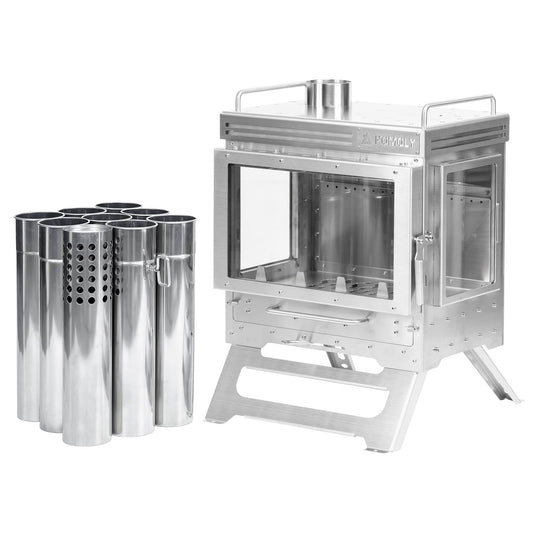POMOLY Camping Tent Stove Wood Burning Stove, Dweller Max 3 Stainless Steel Wood Stove for Hiking, Cooking, Heating (with 3 Glasses)