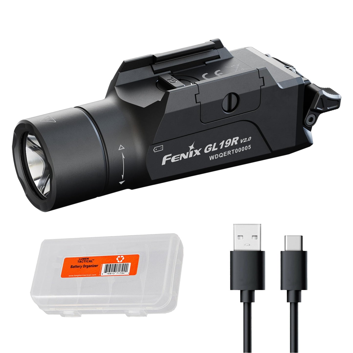 Fenix GL19R v2.0 1200 Lumen Quick Release Rail Mounted Flashlight, USB-C Rechargeable, 459 Yards Long Range with Organizer