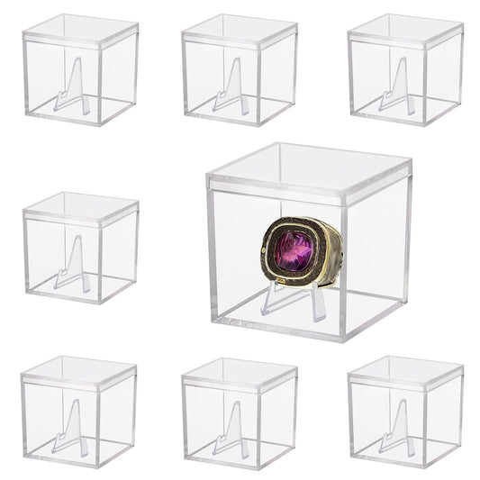 8 PCS Championship Ring Display Case Clear Plastic Small Showcase with Mini Card Stand Holder Single Ring Display Stand Holder Square Storage Box for Jewelry Sport Candy, 2.2 Inch