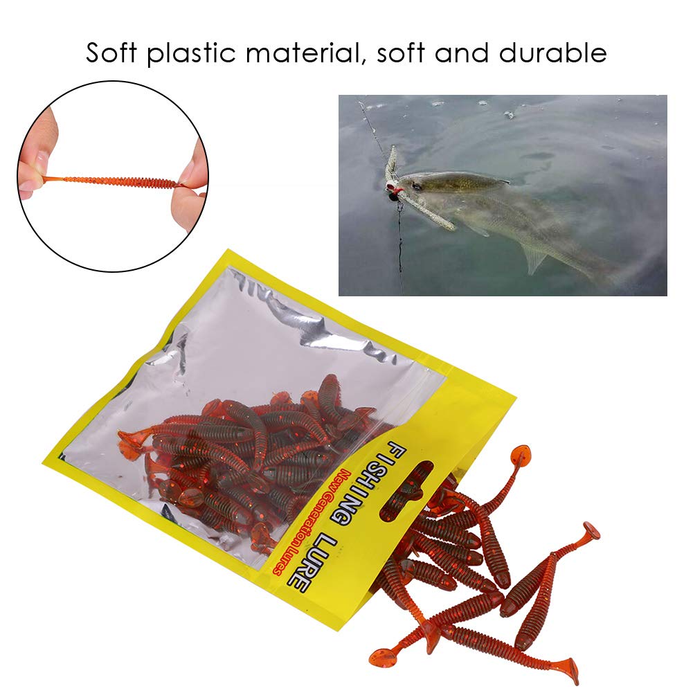 50PCS Fishing Lures Kit, 2in Plastic Fishing Soft Lures T Tail Grub Baits Fishing Swimbaits Fishing Fish Tackle Accessories (Red)